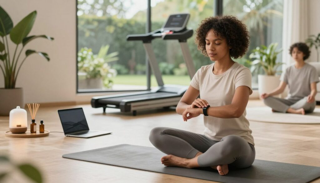 Eine gelassene und harmonische Komposition, die die Balance zwischen Technologie, Gesundheit und Wohlbefinden zeigt Im Vordergrund steht eine Person unterschiedlicher Abstammung in bescheidenen Freizeitbekleidungsinteraktionen mit einer Smartwatch, während sie Yoga auf einer Yogamatte praktiziert. Der Mittelweg bietet einen modernen, minimalistischen Wohnraum, der mit Pflanzen, ätherischen Öldiffusoren und Fitnessgeräten wie einem Laufband und einer Meditationsecke geschmückt ist. Der Hintergrund zeigt einen großen Raum, der mit Pflanzen geschmückt ist, die gesamte Atmosphäre, die gesamte Energie, die gesamte Bewegung und die Energie. Eine gelassene und harmonische Komposition, die die Balance zwischen Technologie, Gesundheit und Wohlbefinden zeigt Im Vordergrund steht eine Person unterschiedlicher Abstammung in bescheidenen Freizeitbekleidungsinteraktionen mit einer Smartwatch, während sie Yoga auf einer Yogamatte praktiziert. Der Mittelweg bietet einen modernen, minimalistischen Wohnraum, der mit Pflanzen, ätherischen Öldiffusoren und Fitnessgeräten wie einem Laufband und einer Meditationsecke geschmückt ist. Der Hintergrund zeigt einen großen Raum, der mit Pflanzen geschmückt ist, die gesamte Atmosphäre, die gesamte Energie, die gesamte Bewegung und die Energie.