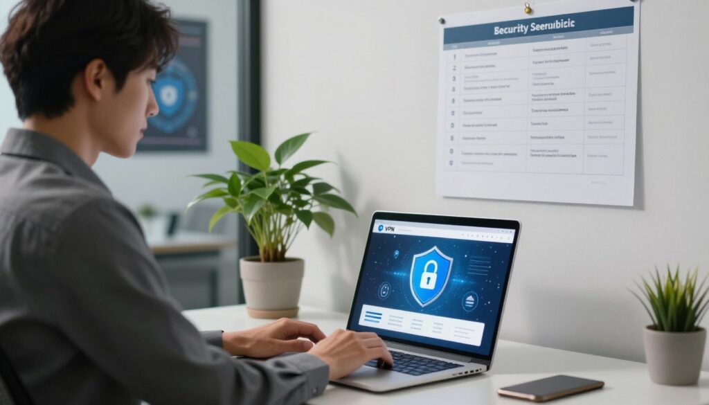 En fridfull kontorsmiljö som visar bästa praxis för integritet och dataskydd online. I förgrunden sitter en professionell person i affärskläder vid ett skrivbord, fokuserad på en bärbar dator som visar ett VPN-gränssnitt, med en låssymbol och dataskärmsbild synlig på skärmen. Mittområdet har en potentiell anläggning och en digital säkerhetschecklista som är upphöjd på väggen, involveringsorganisation och ansvar. I bakgrunden, det rena, moderna kontoret med ljusanläggning och en integritet, kollarprofilen pinnate till väggen, betoning på lugn och ansvar. En fridfull kontorsmiljö som visar bästa praxis för integritet och dataskydd online. I förgrunden sitter en professionell person i affärskläder vid ett skrivbord, fokuserad på en bärbar dator som visar ett VPN-gränssnitt, med en låssymbol och dataskärmsbild synlig på skärmen. Mittområdet har en potentiell anläggning och en digital säkerhetschecklista som är upphöjd på väggen, involveringsorganisation och ansvar. I bakgrunden, det rena, moderna kontoret med ljusanläggning och en integritet, kollarprofilen pinnate till väggen, betoning på lugn och ansvar.